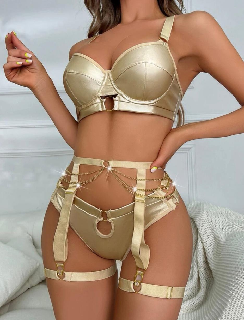 METALLIC UNDERWIRE GARTER LINGERIE SET