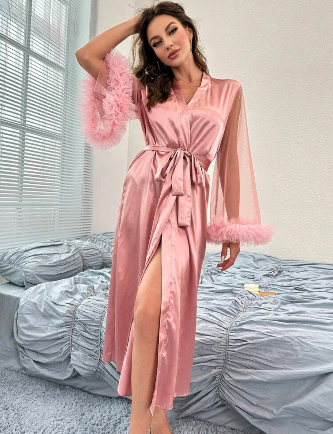 CONTRAST FUZZY PANEL BELTED SATIN ROBE