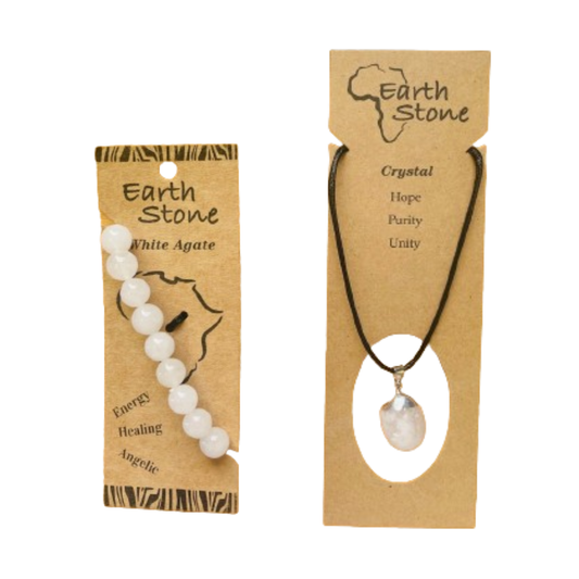 Earth Stone - White Agate Bracelet & Polished Clear Quartz Necklace Set - The Flex